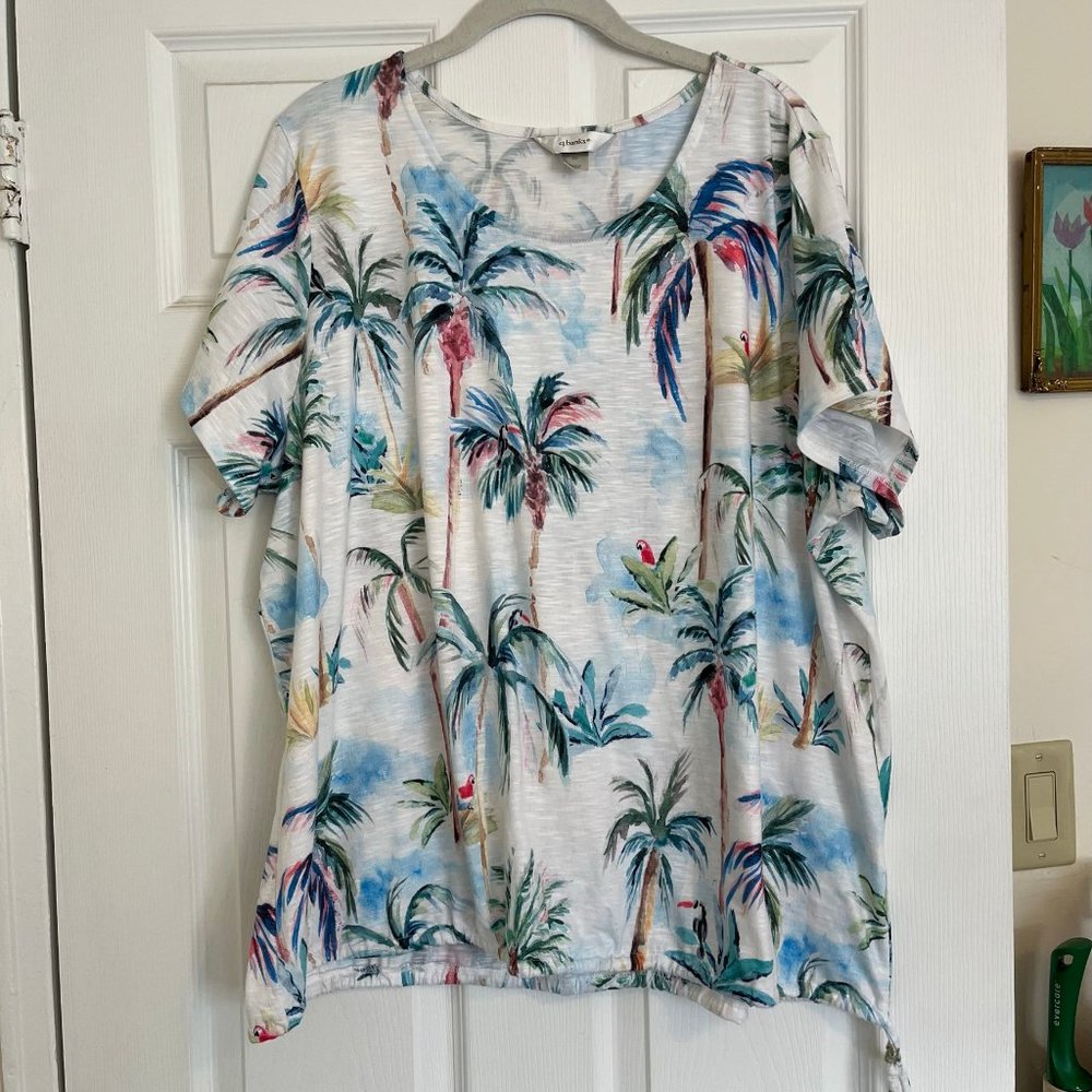 CJ Banks White Tropical Palm Print Short Sleeve Tee